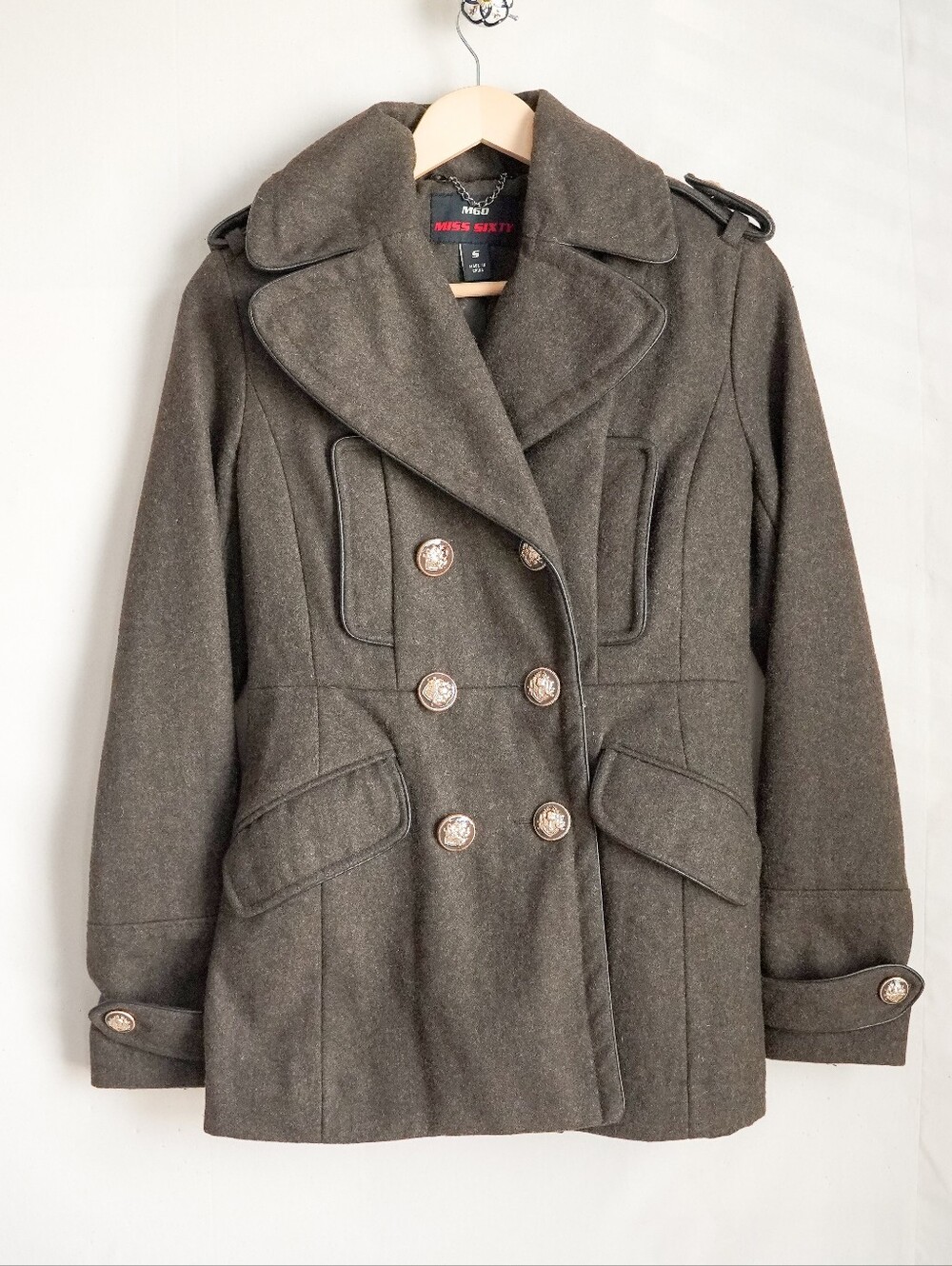 Miss Sixty M60 Brown Wool Blend Military Peacoat Jacket Gold Buttons Size Small